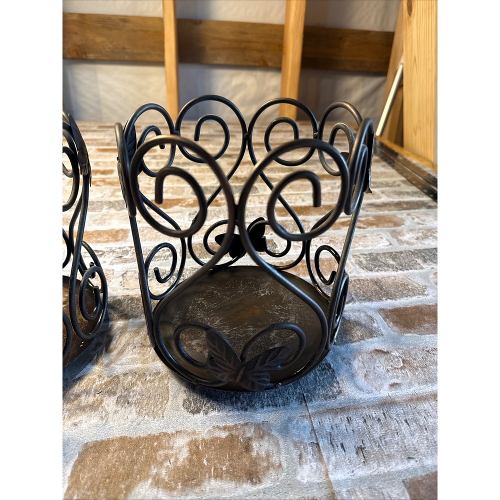 Set of 2 Butterfly Scrollwork Metal Pillar Candle Holders Bronze Tone Rustic